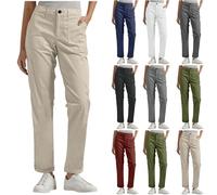 YAOJIWANG Cargohosen Lang Damen Twill,Gerade Bein Elegant Weitehose Elastischer Bund Bequem Lockere Sommerhose Stretch Baggy Jeans mit Taschen für Sommer Freizeit,Einfarbig Damenjeans