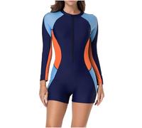 YAOJIWANG Sport Badeanzug für Damen, Schlank Badeanzug Langarm Surfanzug Sommer Swimsuits Farbblocking Bademode zum Schwimmen und Surfen Neoprenanzug Damen mit Reißverschluss