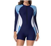YAOJIWANG Sport Badeanzug für Damen, Schlank Badeanzug Langarm Surfanzug Sommer Swimsuits Farbblocking Bademode zum Schwimmen und Surfen Neoprenanzug Damen mit Reißverschluss