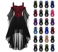 YAOJIWANG Viktorianisches Kleid Sale,Damen Renaissance Maxikleid Gesmokte Taille High Low Design Mittelalter Kleid Damen Gothic Hexen Kostüme Trompetenärmel Kleider Halloween Vintage Maxikleid