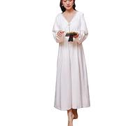YAOTT Damen Viktorianischer Stil Sommer Langarm Nachthemd V-Ausschnitt mit Palace-Blumenspitze Besticktes Casual Langes Nachthemd Nachtwäsche-Kleid Loungewear Chemise Nachtkleid Weiß M