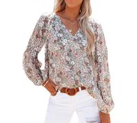 YAOTT Langarmshirt Damen Elegant V-Ausschnitt Hemdbluse Langarm Bluse Elegant Lässige Blumenmuster Lose Tunika,CAI,L