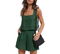 YARKIM Women 2 Piece Outfits Linen Matching Sets Two Piece Lounge Shorts Crop Tops 2023 Boho Beach Clothes Summer Vacation(Dark Green,Large)