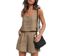 YARKIM Womens 2 Piece Outfits Lounge Matching Sets Two Piece Linen Shorts Crop Tops 2023 Trendy Clothes Summer Vacation Set(Dark Khaki,Medium)