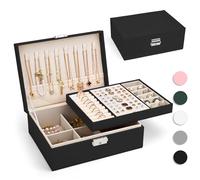 Yarmiene Schmuckkästchen für Damen, 2-schichtige Schmuckschatulle, PU-Leder Schmuckkoffer Schmuckaufbewahrung, Schmuckbox Reise für Ringe, Ohrringe, Armbänder, Ketten für Frauen, Tiefschwarz