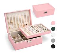 Yarmiene Schmuckkästchen für Damen, 2-schichtige Schmuckschatulle, PU-Leder Schmuckkoffer Schmuckaufbewahrung, Schmuckbox Reise für Ringe, Ohrringe, Armbänder, Ketten für Frauen, Pfirsichrosa