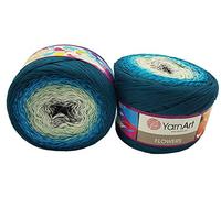 YarnArt Flowers 500 Gramm Bobbel Wolle Farbverlauf, 55% Baumwolle, Bobble Strickwolle Mehrfarbig (grün türkis weiß grau 289)