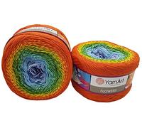YarnArt Flowers 500 Gramm Bobbel Wolle Farbverlauf, 55% Baumwolle, Bobble Strickwolle Mehrfarbig (orange grün blau lila 255)