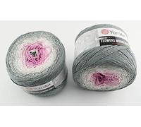 YarnArt Flowers 500 Gramm Bobbel Wolle mit Glitzer und Farbverlauf, 53% Baumwolle, Bobble Strickwolle Mehrfarbig 1000m (grau Silber rosa 3293)