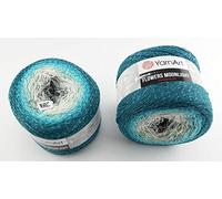 YarnArt Flowers 500 Gramm Bobbel Wolle mit Glitzer und Farbverlauf, 53% Baumwolle, Bobble Strickwolle Mehrfarbig 1000m (Petrol Silber grau 3289)