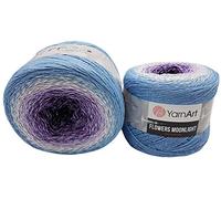 YarnArt Flowers 500 Gramm Bobbel Wolle mit Glitzer und Farbverlauf, 53% Baumwolle, Bobble Strickwolle Mehrfarbig (blau weiß Flieder 3264)