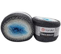 YarnArt Flowers Moonlight 500 Gramm Bobbel Wolle mit Glitzer und Farbverlauf, 53% Baumwolle, Bobble Strickwolle Mehrfarbig (grau weiß türkis 3251)