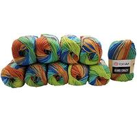 YarnArt Jeans Crazy 10er-Packung mit Strickwollknäueln, à 50 g, mit 55 % Baumwolle, 500 g Wolle mit mehrfarbigem Farbverlauf, Terrakotta, Grün, Blau (8209)