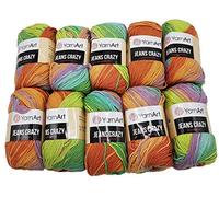 YarnArt Jeans Crazy Strickwollknäuel,10er-Packung, 50 g, aus 55 % Baumwolle, 500 g Wolle mit mehrfarbigem Farbverlauf (Terrakotta, Grün, Türkis usw. 8202)