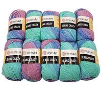 YarnArt Jeans Crazy Strickwollknäuel,10er-Packung, 50 g, aus 55% Baumwolle, 500 g Wolle mit mehrfarbigem Farbverlauf (Lila, Flieder, Mint 8203)