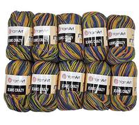 YarnArt Jeans Crazy Strickwollknäuel,10er-Packung, 50 g, aus 55 % Baumwolle, 500 g Wolle mit mehrfarbigem Farbverlauf (Lila, Grün, Ocker 8213)