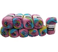 YarnArt Jeans Crazy Strickwollknäuel,10er-Packung, 50 g, aus 55 % Baumwolle, 500 g Wolle mit mehrfarbigem Farbverlauf (Blau, Kiwi, Rosa, Flieder 8211)
