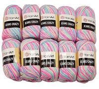 YarnArt Jeans Crazy Strickwollknäuel,10er-Packung, 50 g, aus 55 % Baumwolle, 500 g Wolle mit mehrfarbigem Farbverlauf (Rosa, Blau, Mint usw. 7205)