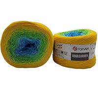 YarnArt Rosegarden, 500 Gramm Bobbel Wolle Farbverlauf, 100% Baumwolle, Bobble Strickwolle Mehrfarbig (gelb grün türkis 310)