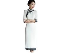 YAROVA Chinesischer Kleid Für Damen - Einfarbig Frauen Lange Dünne Sommer Cheongsam Vintage Modern Verbesserte Traditionelle Kleider Qipao Für Party Abend Elegante Kleidung,Weiß,L