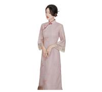 YAROVA Chinesischer Kleid Für Damen - Frauen Rosa Cheongsam Lange Stickerei Chinesischer Stil Traditionelle Kleidung Spitzenkleider Vintage Lässig Elegant Verbesserte Qipao Mittellang,Rosa,L