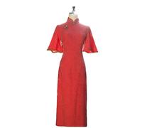 YAROVA Chinesischer Kleid Für Damen - Frauen Sommer Rot Cheongsam Lose Kurzarm Schlanke Baumwolle Kleider Plus Größe Party Hochzeit Bankett Qipao Elegante Retro Robe,Rot,XXL