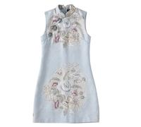 YAROVA Chinesischer Kleid Für Damen - Moderne Verbesserte Qipao Ärmellose Stickerei Cheongsam Vintage-Kleider Mode Elegante Kurze Schlanke Traditionelle Kleidung Für Bankett-Party,Blau,XL