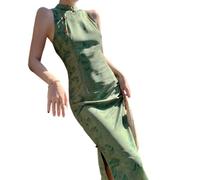 YAROVA Chinesischer Kleid Für Damen - Sommer Ärmellos Split Cheongsam Vintage Chinesischen Stil Kleid Mode Elegant Sexy Schlank Mittellange Kleider Frauen Bankett Qipao,Grün,M