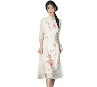 YAROVA Chinesischer Kleid Für Damen - Sommer Cheongsam Chinesischer Stil Retro Plus Size Lose Elegant Besticktes Kleid Junge Moderne Verbesserte Kleider Kurzarm Qipao,Weiß,L