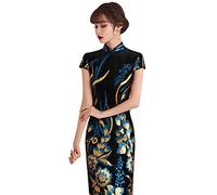 YAROVA Damen Cheongsam Kleid - Mode Bankett Chinesische Kleider Frühling Sommer Kurzarm Cheongsams Satin Sexy Lange Qipao Vintage Split Verbesserte Traditionelle Kleidung,Schwarz,M
