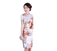 YAROVA Damen Cheongsam Kleid - Sexy Satin Frauen Bankett Partykleid Mode Elegant Sommer Kurzarm Cheongsam Split Blume Chinesisches Traditionelles Verbessertes Qipao,Weiß,S