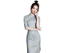 YAROVA Damen Cheongsam Kleid - Sommer Kurzarm Bankett Qipao Frauen Schlankes Chinesisches Traditionelles Kleid Robe Orientale Vintage China Stil Mittellange Elegante Cheongsams, Blau, XXL