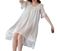 YAROVA Damen Nachthemden - Damen Nachthemden Vintage Spitze Nachtkleid Robe Retro Prinzessin Lässige Schlafabnutzung Sommer Kurzarm Nachthemd Bequeme Einfache Hauskleidung,Weiß,S