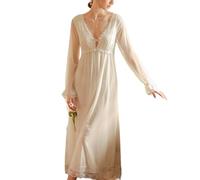YAROVA Damen Nachthemden - Einfaches Nachthemd Damen Vintage Spitzenärmel Frühling Herbst Französischer Stil Retro Nachthemden Langärmelige Prinzessin Pyjama Lange Nachtwäsche,Weiß,M