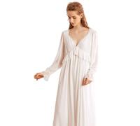 YAROVA Damen Nachthemden - Frühling Herbst Nachthemden Frauen Weiches Langes Nachtkleid Vintage Nachthemden Nachtwäsche Spitze Pyjama Langarm Mode Bequeme Loungewear,Weiß,L