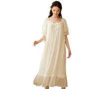 YAROVA Damen Nachthemden - Langes Nachtkleid Frauen Mesh Nachtwäsche Spitze Vintage Nachthemden Nachtwäsche Frühling Sommer Kurzarm Nachthemd Elegante Einfache Hauskleidung,Weiß,L
