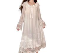 YAROVA Damen Nachthemden - Nachtkleid Damen Nachtwäsche Spitze Mesh Lange Robe Vintage Nachthemden Lässig Bequem Frühling Sommer Loungewear Home Kleidung Pyjama,Weiß,L