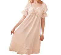 YAROVA Damen Nachthemden - Sommer Nachthemd Damen Langes Nachthemd Spitze Nachtwäsche Baumwolle Nachthemd Kurzarm Spitze Sexy Pyjama Robe Heimkleidung,Pink,L