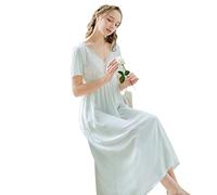 YAROVA Damen Nachthemden - Vintage Spitze Nachthemd Frauen Baumwolle Sexy V-Ausschnitt Langes Nachtkleid Nachtwäsche Lässige Nachtwäsche Sommer Kurzarm Zuhause Kleidung,Blau,S