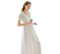 YAROVA Damen Nachthemden - Vintage Spitze Nachthemd Frauen Baumwolle Sexy V-Ausschnitt Langes Nachtkleid Nachtwäsche Lässige Nachtwäsche Sommer Kurzarm Zuhause Kleidung,Weiß,S