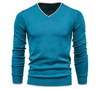 YAROVA Herren Pullover - Männer Frühling Herbst Kleidung Strick Pullover V-Ausschnitt Pullover Mode Casual Baumwolle Einfarbige Langarm Slim Bequeme Pullover, Blau, M