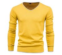 YAROVA Herren Pullover - Männer Frühling Herbst Kleidung Strickwaren Pullover V-Ausschnitt Pullover Mode Casual Baumwolle Einfarbige Langarm Slim Bequeme Pullover, Gelb, 3XL