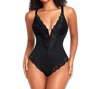 YARRCO Shapewear Damen Body Shaper Bauchweg Bodysuits Shaping Unterwäsche Formender Miederbody Formbody Miederslips Spitze Figurformende Tanga String (Schwarz, S)