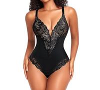 YARRCO Shapewear Damen Body Shaper Bauchweg Bodysuits Shaping Unterwäsche Formender Miederbody Formbody Miederslips Spitze Figurformende Tanga String (Schwarz auf Beige, XL)