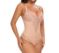 YARRCO Shapewear Damen Bodysuits Bauchweg Formende Body Shaper Figurformende Unterwäsche Shaping Miederbody Formbody Spitze Miederslips Tanga String (Beige, XL)
