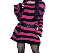 YASHANG Damen Gothic Punk Grunge Pullover Langarm Rundhals Oversize Gestreifte Zerrissene Lange Strickpullover Pulloverkleid Longpullover Oberteile Tops (Einheitsgröße, Rosa)