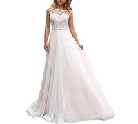 YASIOU Elegant Hochzeitskleid Damen Lang Hochzeitskleider Spitze Chiffon Brautmode Rückenfrei Weiß Vintage Spitze A Linie Brautkleid Abendkleider