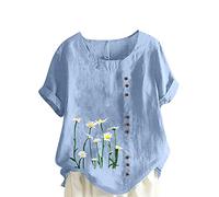 Ybing Angebote des Tages Heute Musselin Tshirt Damen Bunt Blümchen Druck Leinenbluse Casual Vintage Baumwolle Leinen T-Shirt Locker Kurzarm Longshirt Leichte T Shirt Bequem Tunika