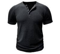 Ybing Black Friday Angebote 2025 Strick Tshirt Herren Casual Rippen T-Shirt Einfarbig Gerippt Oberteile Knöpfe Rundhals T Shirt Schlank Kurzarm Sportshirt Sommer Basic Kurzarmshirt Bequem