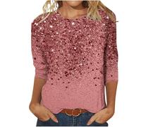 Ybing Discounter 3/4 Ärmel Pullover Damen Glitzer Druck Langarmshirt Casual Rundhals Bluse Leichte Langarm Tshirt Locker Pulli Dünne Longsleeve Oberteile Teenager Mädchen Basic